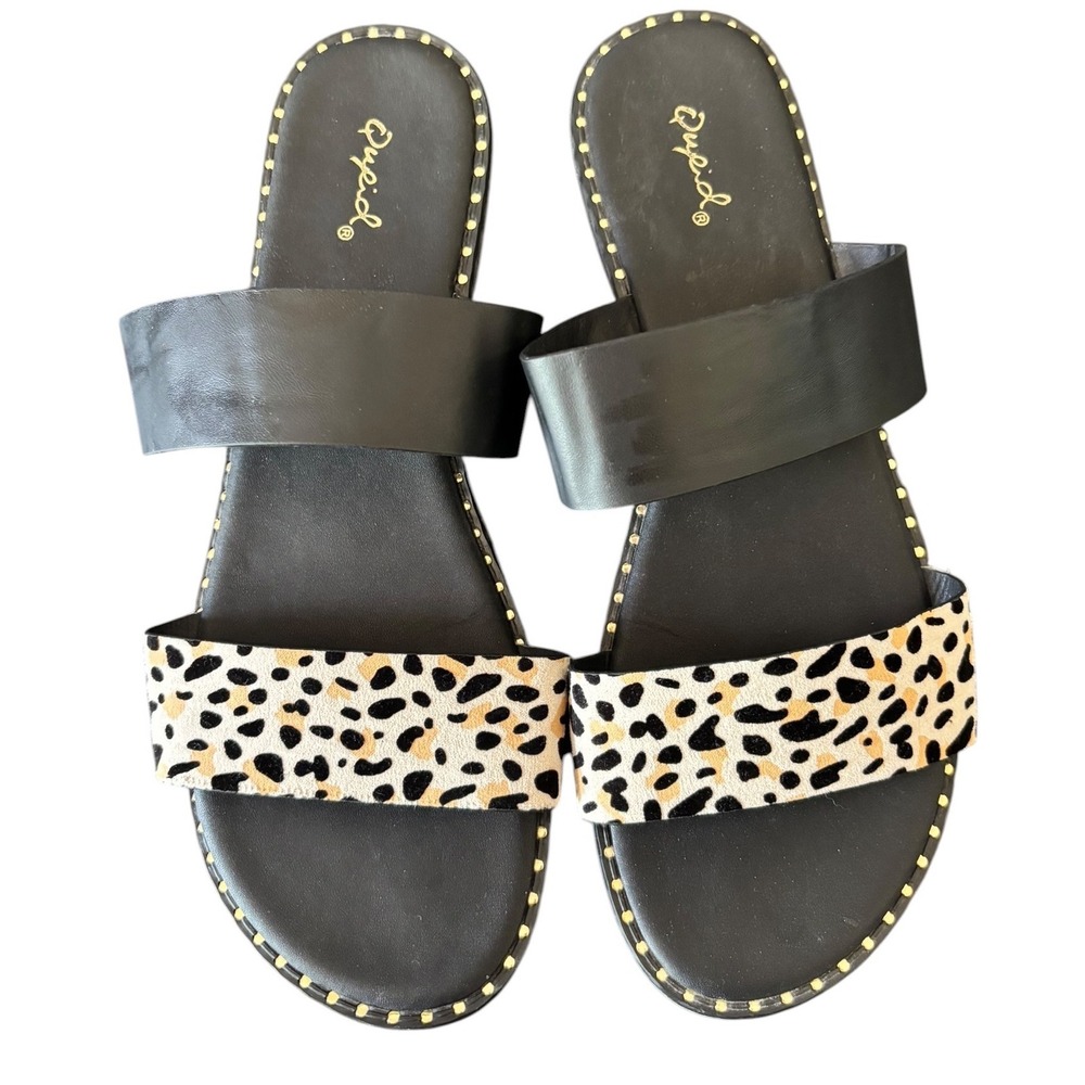 Qupid‎ Womens Leopard Print Slide Sandals Black Animal Print Flats Size 10